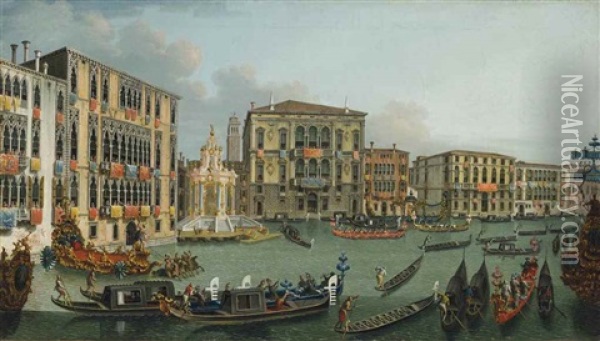 The Regatta On The Grand Canal, Venice, Looking Towards The Palazzo Foscari And Palazzo Balbi Oil Painting - Vincenzo Chilone