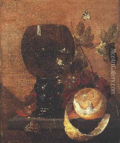 Nature Morte Au Citron Et Au Verre Rohmer Sur Un Entablement Oil Painting - Cornelis De Heem