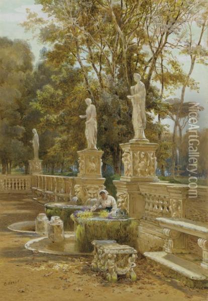 A Woman At A Fountain, Villa Borghese, Rome Oil Painting - Charles Earle