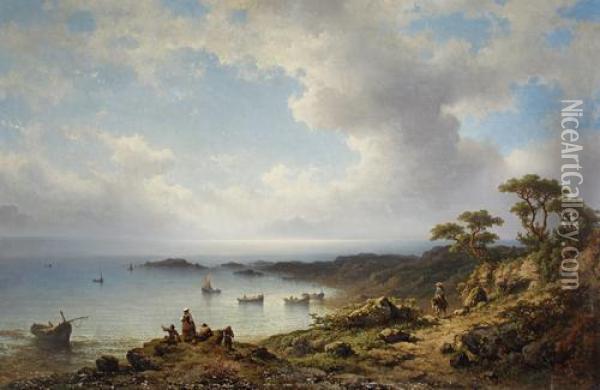 A Mediterranean Coastal Scene With Fishing Boats In A Bay And Figures Resting In The Foreground Oil Painting - Johannes Hilverdink