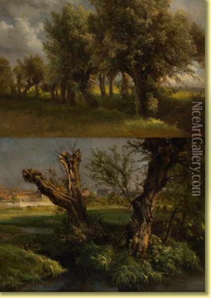Paysages (2 Works) Oil Painting - Ildephonse Stocquart