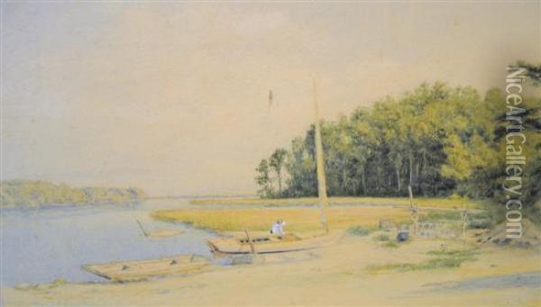 Estuary/shoreline With Figures And Boats Oil Painting - John William Hill
