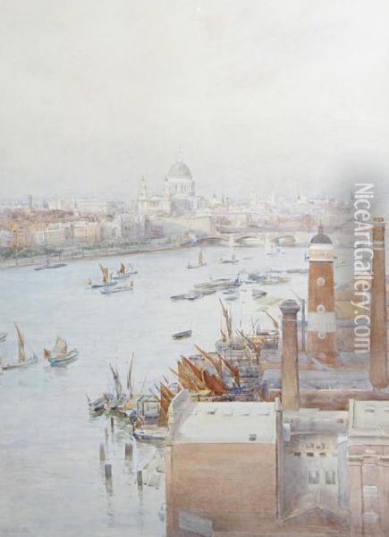 Thames Looking Towards St. Paul's And Blackfriars Bridge Oil Painting - Max Ludby