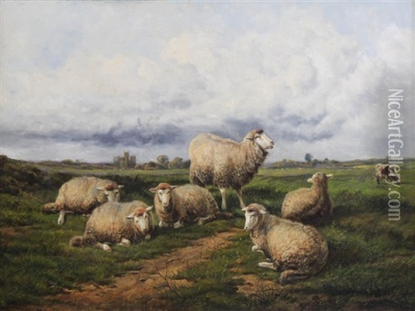 Sheep In A Landscape Oil Painting - Thomas Sidney Cooper