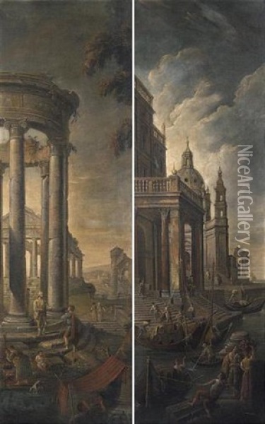Capriccio Con Ruderi E Templi (+ Capriccio Con Porto Fluviale E Palazzi; Pair) Oil Painting - Pietro Paltronieri
