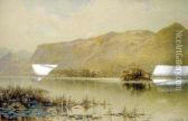 Lakeland View With Reeds To The Fore And Craggy Hills Beyond Oil Painting - Thomas Greenhalch