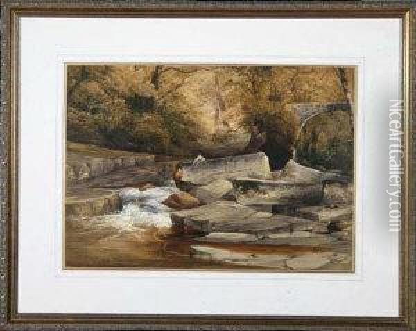A Rocky River Scene With An Angler By A Waterfall Oil Painting - John Mallows Youngman