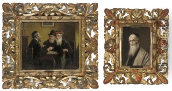 A Minor Dispute (+ Portrait Of A Rabbi; 2 Works) Oil Painting - Lajos Koloszvary