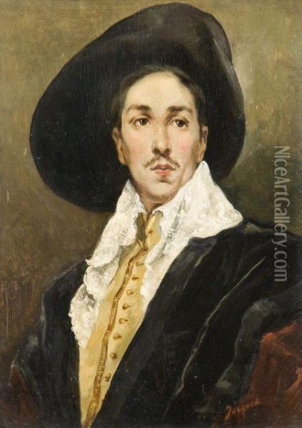 Portrait D'homme Au Chapeau Noir En Costume Du Xviie Siecle Oil Painting - Gustave Jean Jacquet