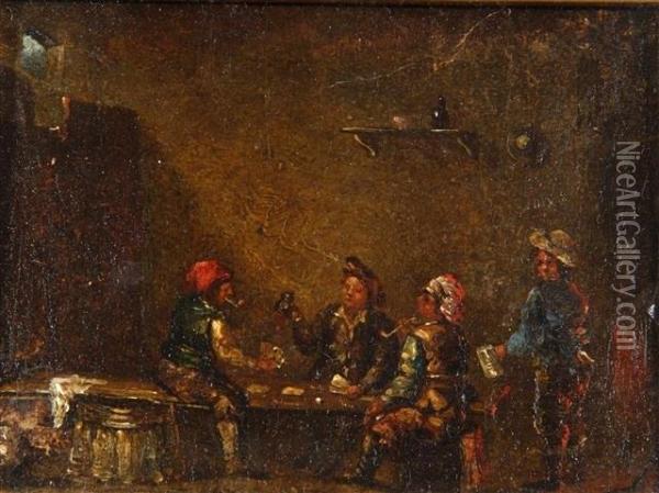 Tavern Interior With Figures Playing Cards Oil Painting - David The Younger Teniers