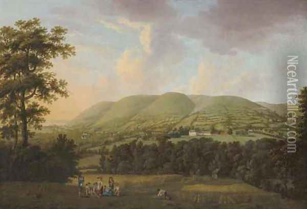 View Of Holnicote House, Somerset, With Harvesters Resting In Foreground Oil Painting - William Tomkins