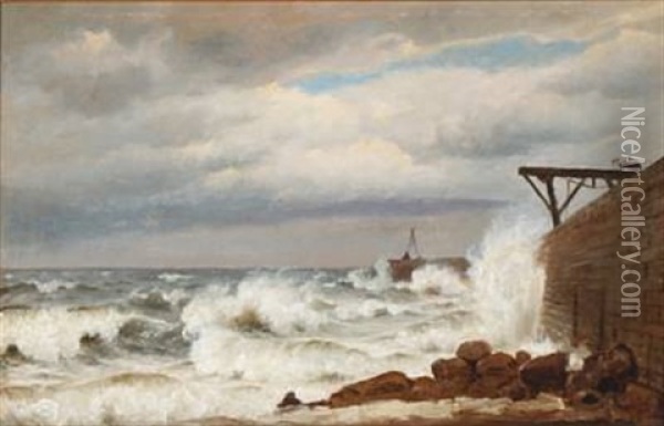Coastal Scene With Waves Breaking Against A Pier Oil Painting - Christian Frederic Eckardt