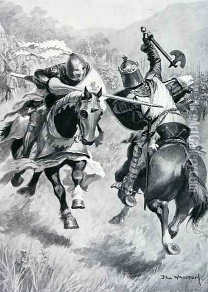 Encounter between Robert Bruce (1274-1329) and Sir Henry de Bohun (1276-1322) illustration from 'British Battles on Land and Sea' edited by Sir Evelyn Wood (1838-1919) first published 1915 Oil Painting - Walton, Ambrose de