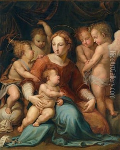 Madonna Mit Kind Und Dem Johannesknaben, Umgeben Von Engeln Oil Painting - Andrea Del Sarto