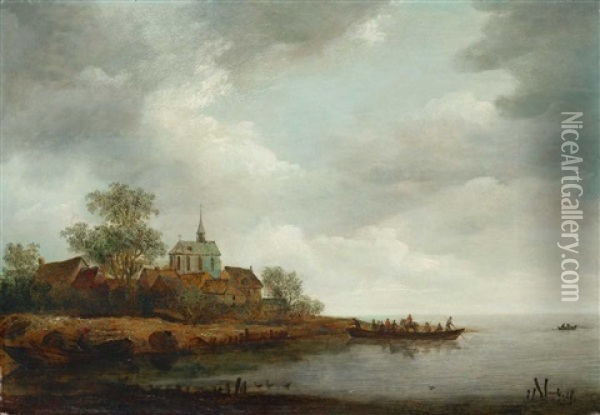 Flusslandschaft Mit Blick Auf Ein Dorf Mit Kirche Oil Painting - Adriaen Van Der Cabel