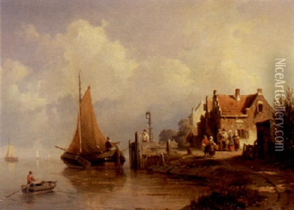 A River Landscape With A Sailing Vessel Near A Village Oil Painting - Jacques Francois Carabain