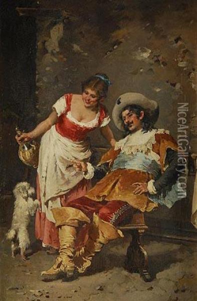 Dama Y Caballero Jugando Con Un Perro Oil Painting - Francesco Peluso