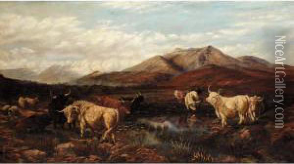 Highland Cattle Watering Oil Painting - Henry William Banks Davis, R.A.