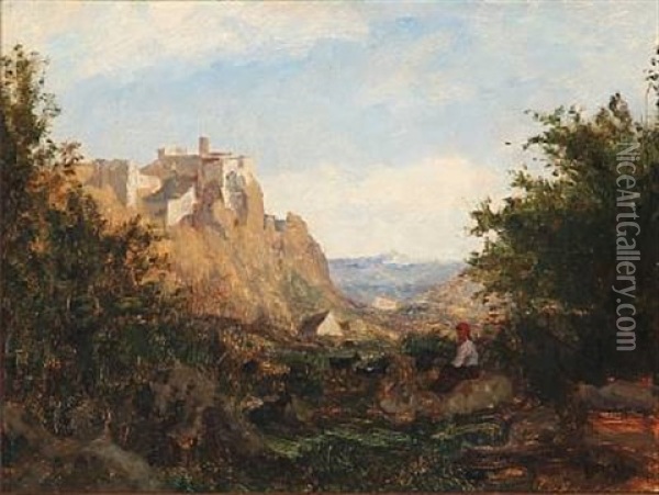 Landscape From Italy With A Shepherdess Guarding Goats Oil Painting - Eugene Decan