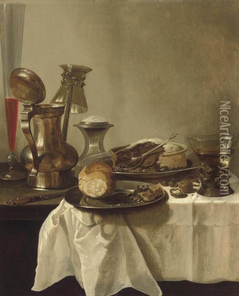 A Pewter Jug With An Upturned Roemer, A Facon-de-venise Flute Of Wine And A Pie On A Pewter Platter On A Partly-draped Table Oil Painting - Pieter Claesz.