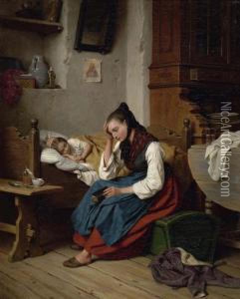 Mutter Und Kind. Oil Painting - Friedrich Edouard Meyerheim