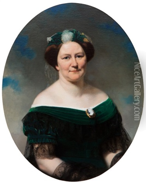 Portrait Of A Lady In A Green Gown With Cameo Brooch Oil Painting - Therese Schwartze