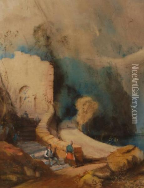 Figures By Old Stone Buildings Oil Painting - James Ward