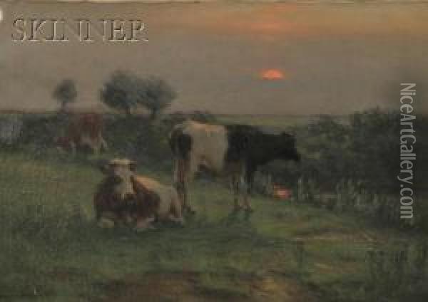 Resting Cows At Dusk Oil Painting - John Carleton Wiggins