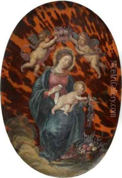 Vierge A L'enfant Couronnee De Fleurs Par Des Angelots Oil Painting - Claude Deruet