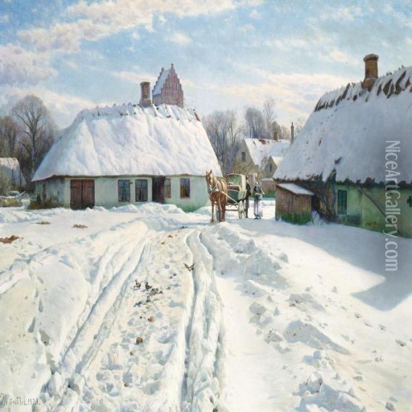 Winter Day In The Village, In The Background The Church Oil Painting - Peder Mork Monsted