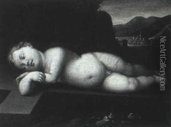 The Infant Christ Asleep On The Cross, Jerusalem Beyond Oil Painting - Cristofano Allori