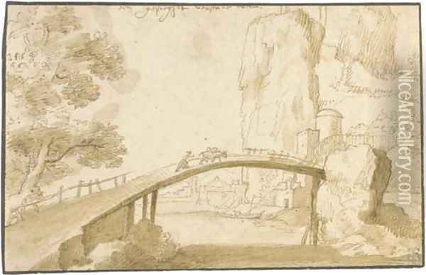 A narrow bridge over a river, a town beyond Oil Painting - Flemish School