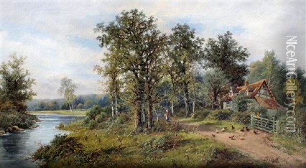 River Landscape With Cottage, Figures And Chickens To Bank Oil Painting - Octavius Thomas Clark