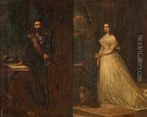 Esquisse Des Portraits De Ses Majestes Le Roi Et La Reine Des Belges Leopold Ii Et Marie-henriette (2 Works) Oil Painting - Louis Gallait