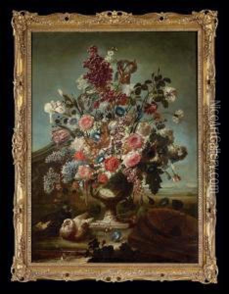 Tulips, Roses, Peonies, Irises And Other Flower Oil Painting - Karel Van Vogelaer, Carlo Dei Fiori