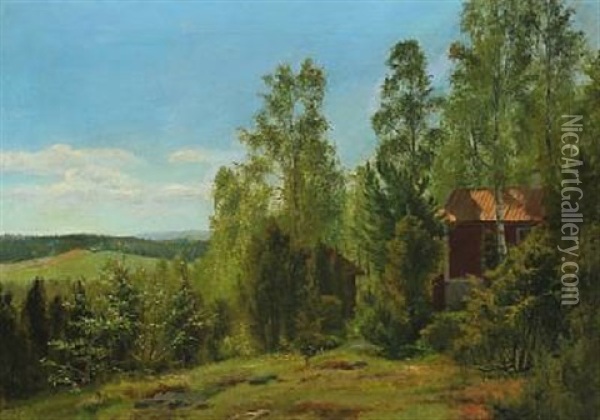 Swedish Landscape With A Cottage Between Trees Oil Painting - Peter Johan Schou