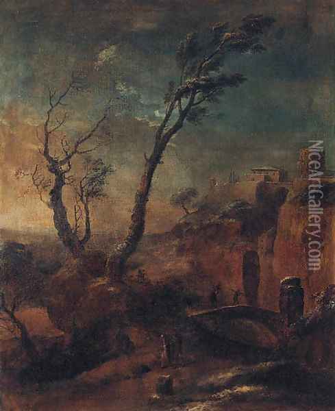 A mountainous landscape with travellers on a path and woodmen crossing a bridge Oil Painting - Salvator Rosa