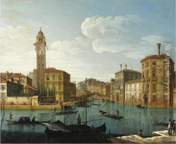 Venezia, Veduta Del Canal Grande Con San Geremia, L'entrata Al Cannaregio E Palazzo Labia Oil Painting - Pietro Bellotti