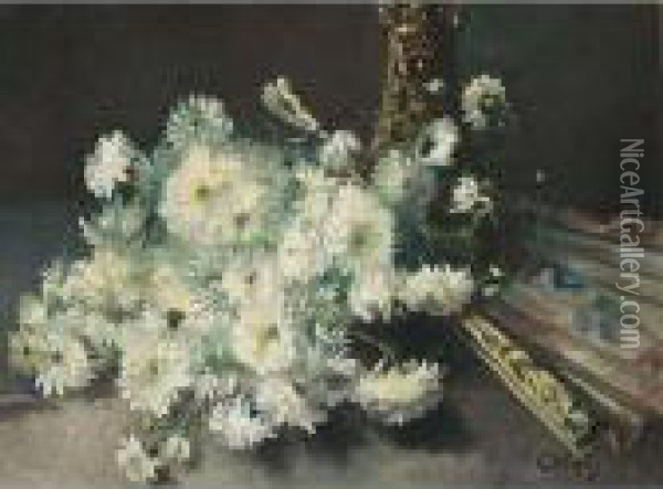 A Still Life With Chrysanthemums And A Fan Oil Painting - Guillaume Vogels