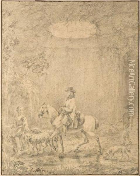 Cavalier Et Couple De Bergers Dans Une Grotte Oil Painting - Nicolas Louis Albert Delerive
