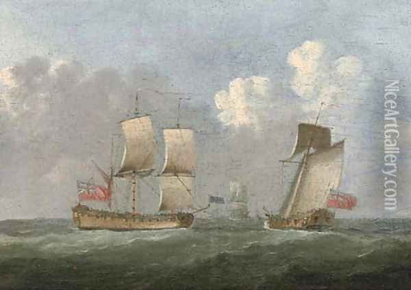 A man-o'war heaving-to for the approaching Admiralty Yacht Oil Painting - Francis Swaine