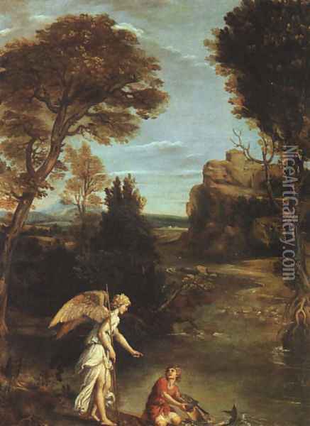 Landscape with Tobias Laying Hold of the Fish 1617-18 Oil Painting - Domenico Zampieri (Domenichino)