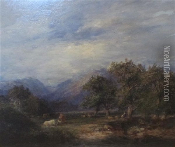 An Extensive Landscape With Cattle, Sheep And Drovers Near Trees Oil Painting - Frederick Henry Henshaw