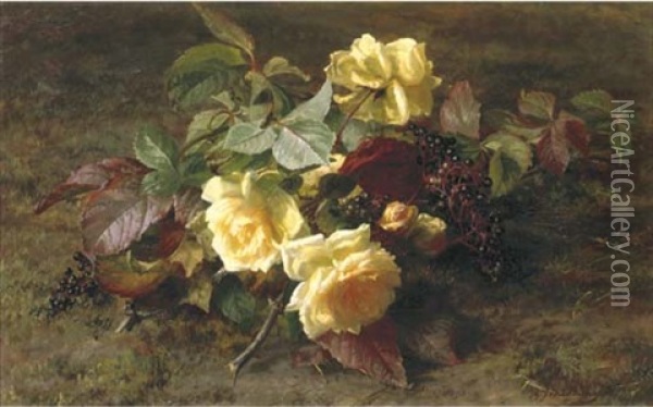 Yellow Roses And Elderberries On A Forest Floor Oil Painting - Gerardina Jacoba van de Sande Bakhuyzen