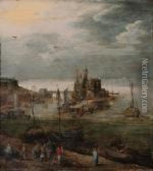 A Harbor With Fisherfolk Gathered On The Shore And Boats Moorednearby, A Castle Beyond Oil Painting - Joos De Momper