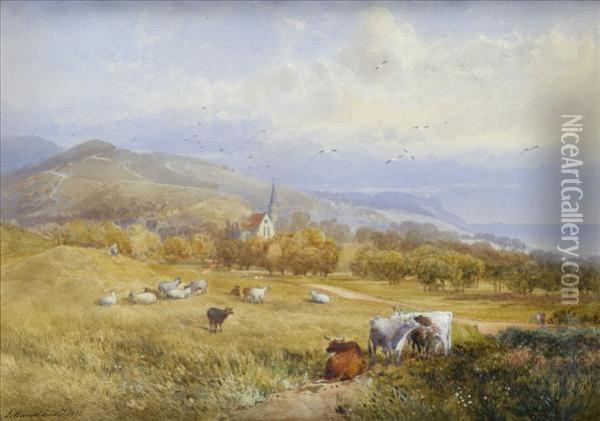 Cattle Andsheep In An Extensive Summer Landscape, Figures And Church Beyond Oil Painting - James Burrell-Smith
