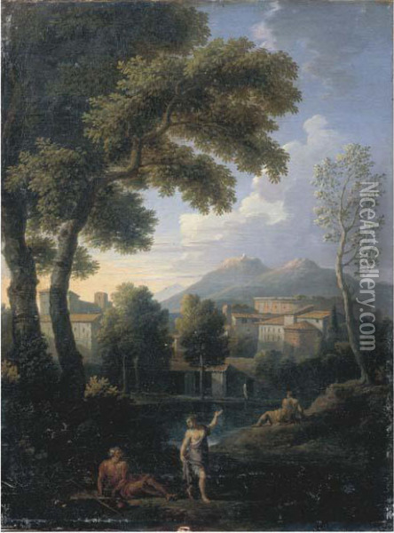 Paesaggio Laziale Con Astanti E Borgo In Lontananza Oil Painting - Jan Frans Van Bloemen (Orizzonte)