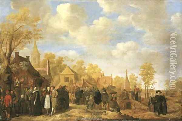 A village landscape with crowds gathering around quack doctors Oil Painting - Jan Miense Molenaer