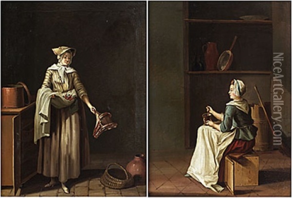 Qvinna Stoter I Mortel (+ Qvinna Kommer In Med En Lambstek; Pair) Oil Painting - Pehr Hillestroem
