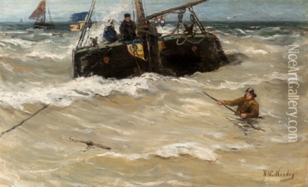Fishing Boats In The Surf Oil Painting - Hendrik Willem Mesdag